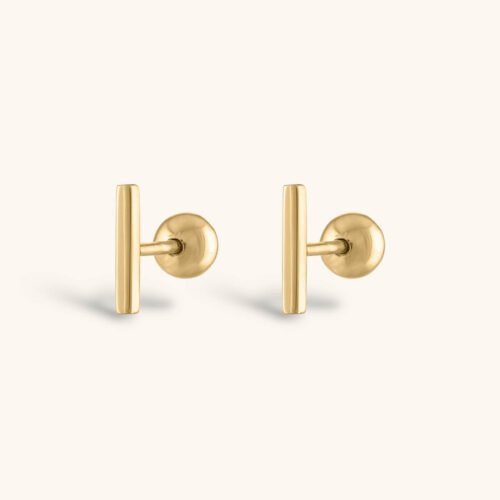 Little Bar Ball Back Earrings in 14k Gold